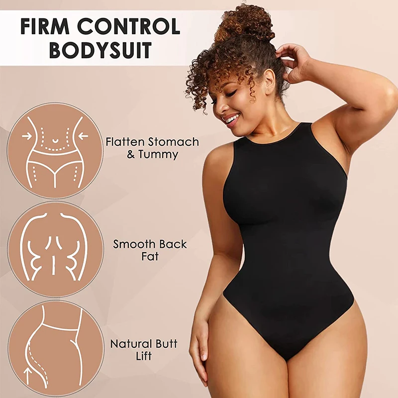 Bodysuit Women Casual Sexy Slim Jumpsuit Sleeveless High Neck Solid Tank Top Body Shaper Tummy Control Seamless Thong Shapewear
