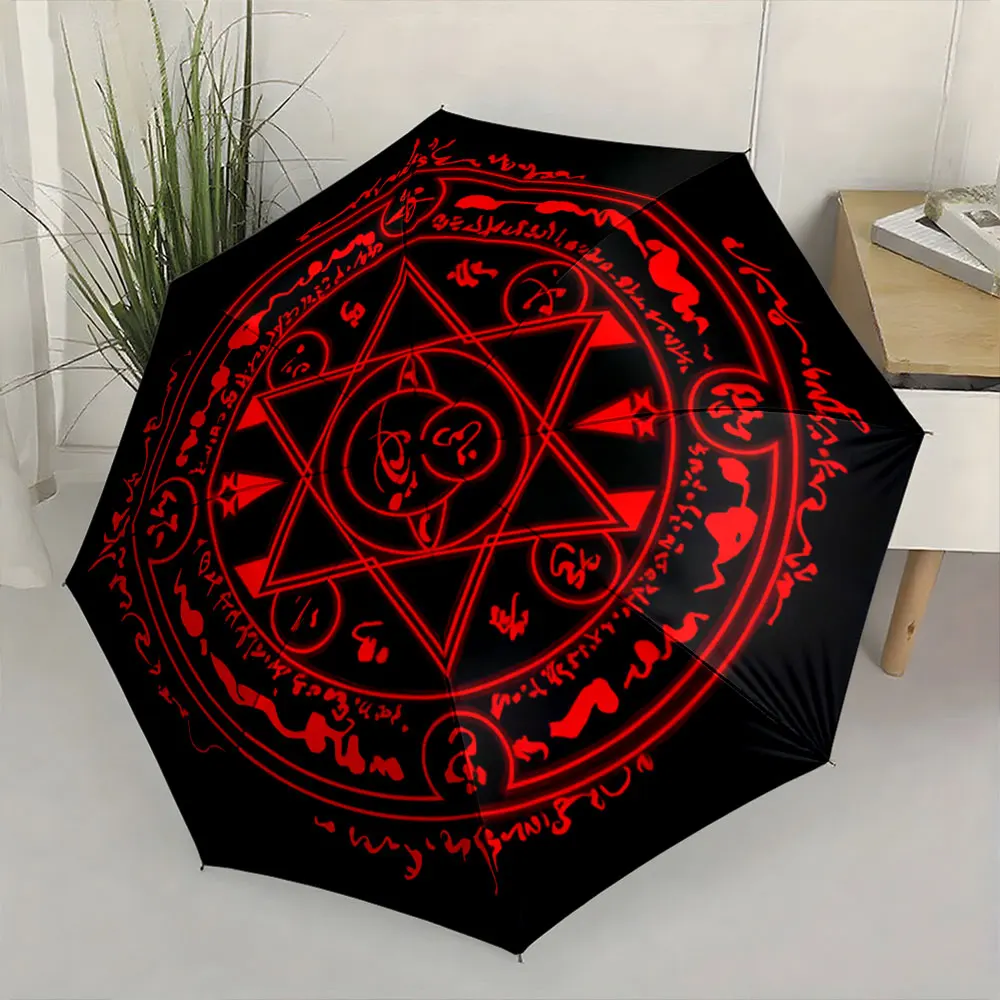 1PC Mystical Black Umbrella with Red Arcane Symbols Print 8 Iron Ribs Folding Umbrella Auto-Open Fashion Sunshade