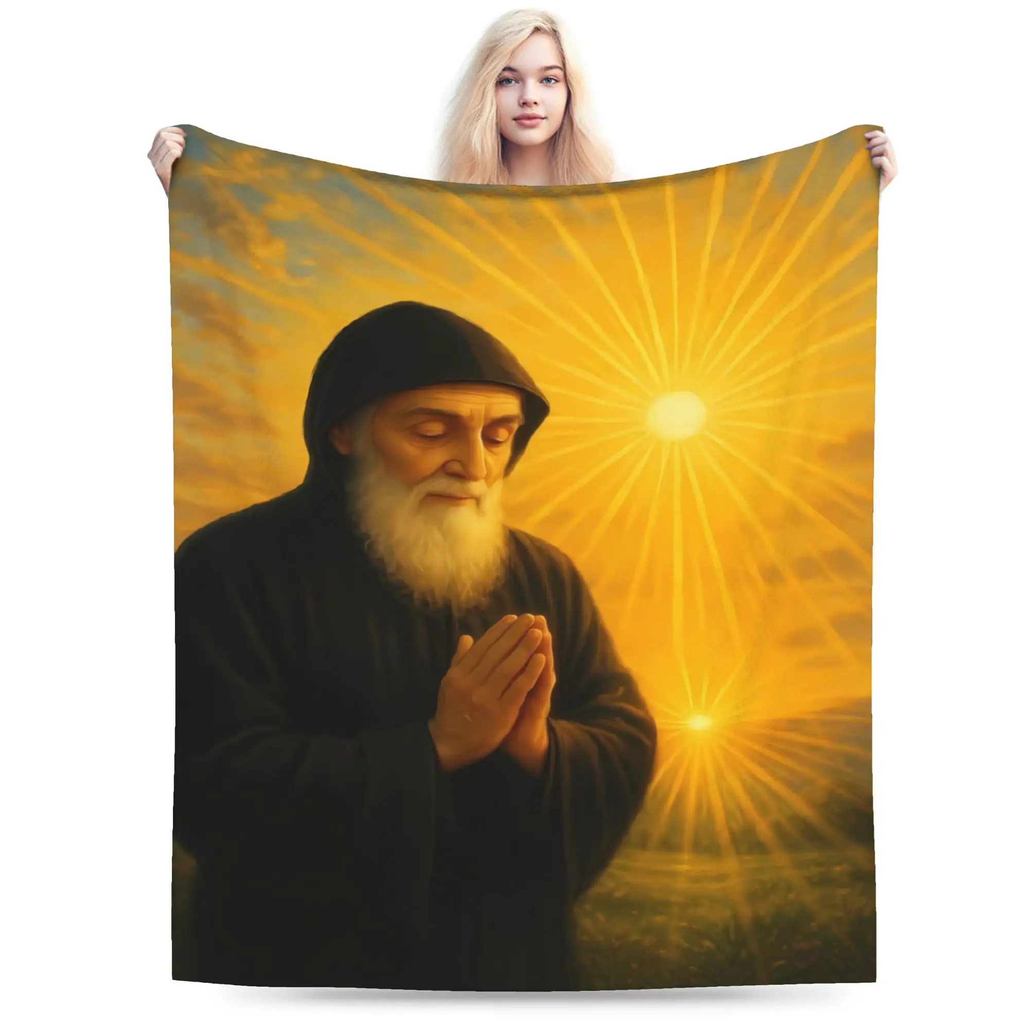Soft Warm Blanket Airplane Travel Devout Saint Charbel Candle Prayer Throw Blanket  Flannel Bedspread For Couch Bed Sofa Bed