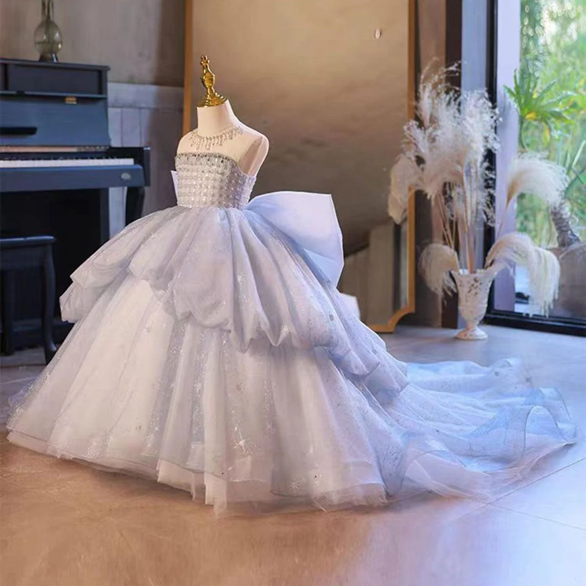 

Beaded Flower Girl Dress with Oversized satin bow on the back and Train Tulle Pageant Gown for Girls Wedding Kids Formal Gown