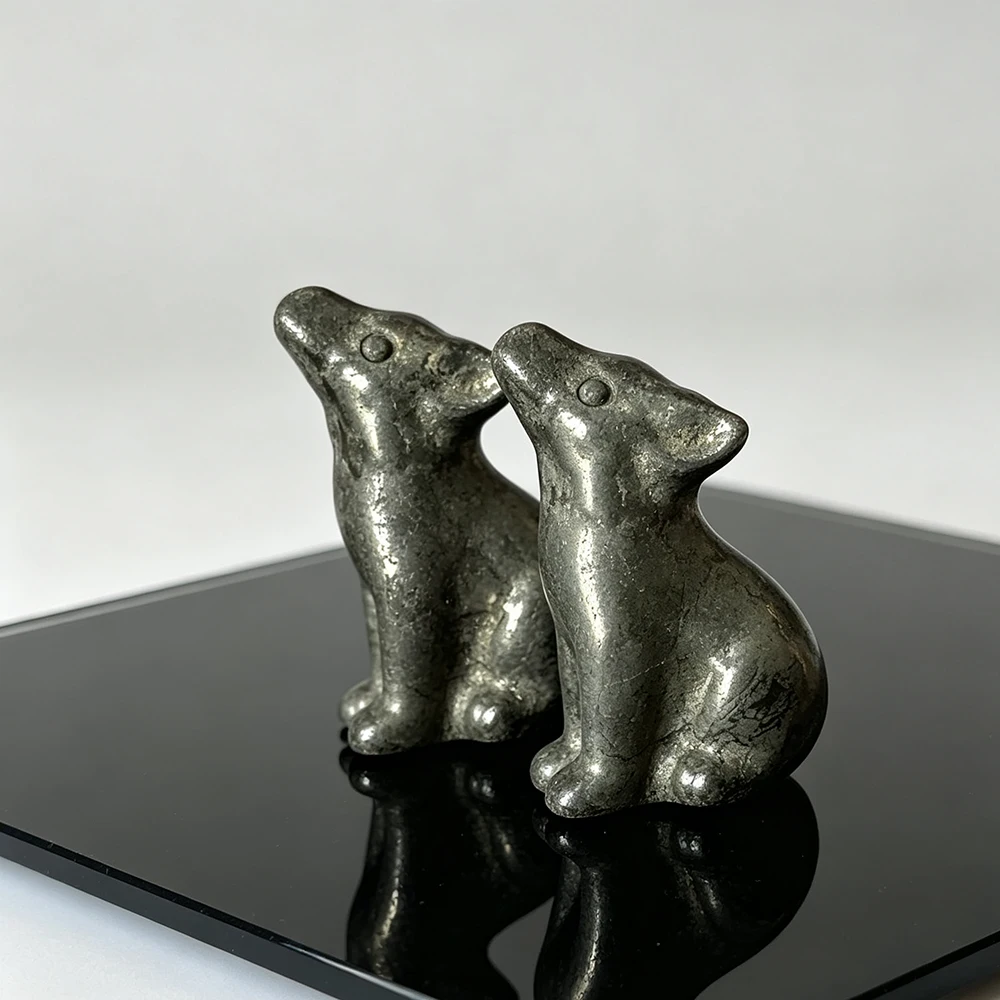 Natural Crystal Pyrite Wolf Figurine Hand Carved Mini Animal Statue Desktop Decor Collection Gift