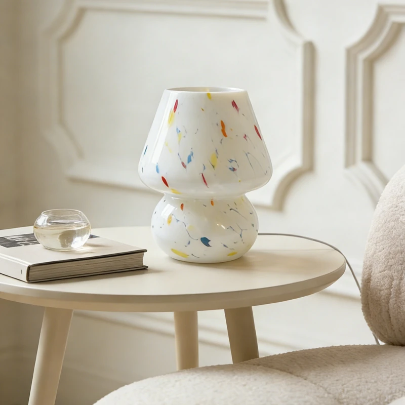 クリームスタイルのストライプ柄キノコ型ガラステーブルランプ、モダン北欧風リビングルーム、寝室、書斎、子供部屋、フラワーアレンジメント装飾、雰囲気照明