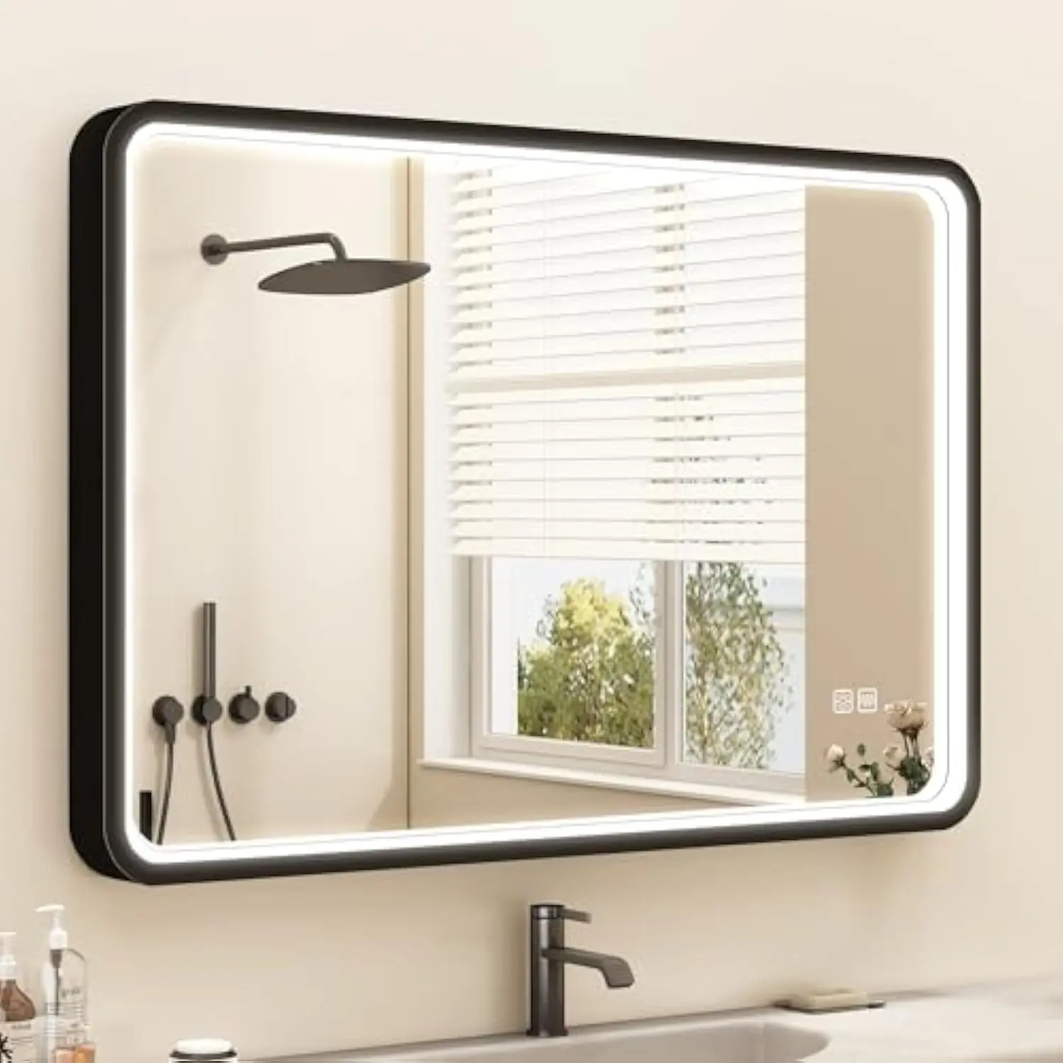 

Led-Bathroom-Mirror-With-Lights, 24X32 Wall Mounted with Anti-Fog, 3 Colors Dimmable Light, Waterproof, Tempered Glass, Black F