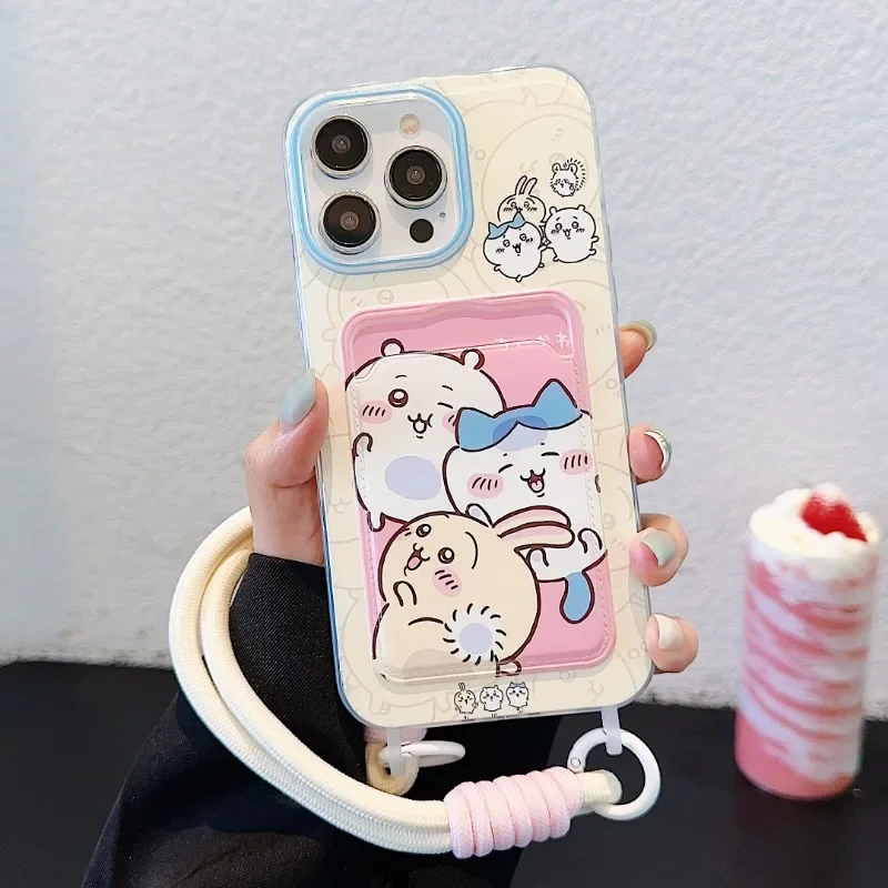 Cute Cartoon Chiikawa Card Bag Mobile Phone Case with Lanyard for IPhone 15ProMax 15 14 13 12 ProMax Phone Case