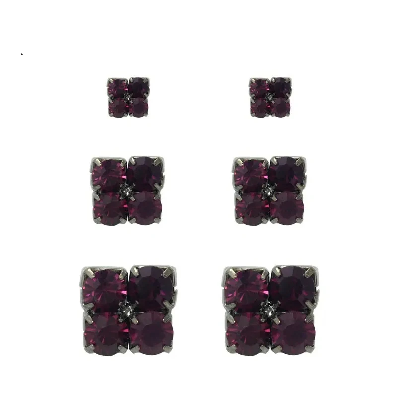 3 Pairs Purple Crystal Stud Earrings Set for Women Luxury Square Rhinestone Earring Pack Elegant Glass Stone Jewelry