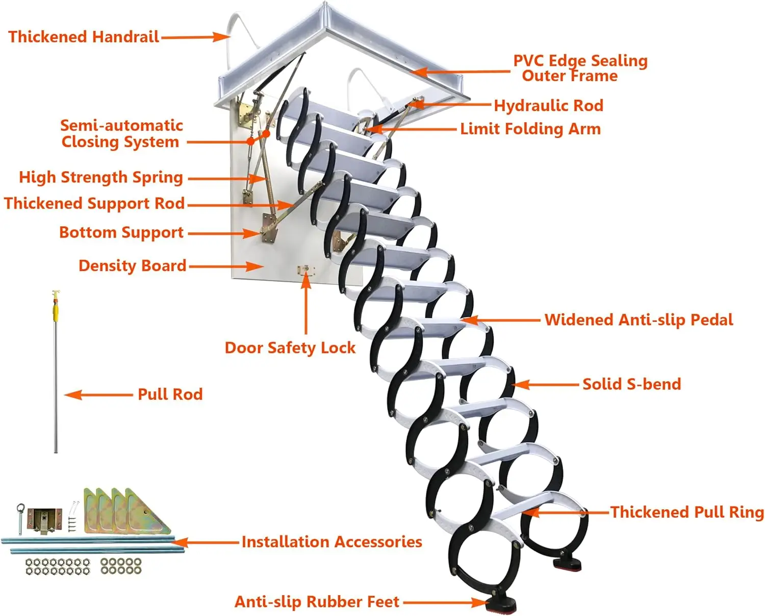 سلم سقف علوي قابل للسحب - سلالم علوية قابلة للطي باللون الأسود، أقصى ارتفاع 10 أقدام، سعة تحميل 600 رطل، سحب للأسفل