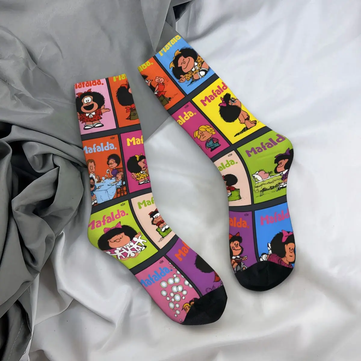 Funny Men\'s Socks Poster Retro Mafalda Cartoon Hip Hop Casual Crew Sock Gift Pattern Printed