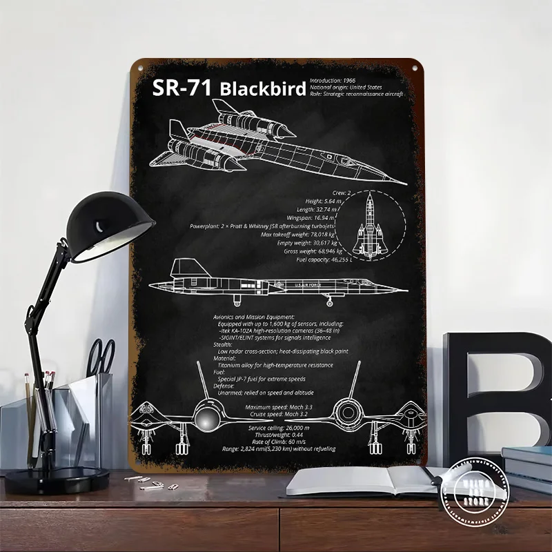 SR-71 Blackbird Blueprint Poster Retro 3D Printed Metal Signs Customized Wall Hanging Gift for Office Decor Room House Tin Sign