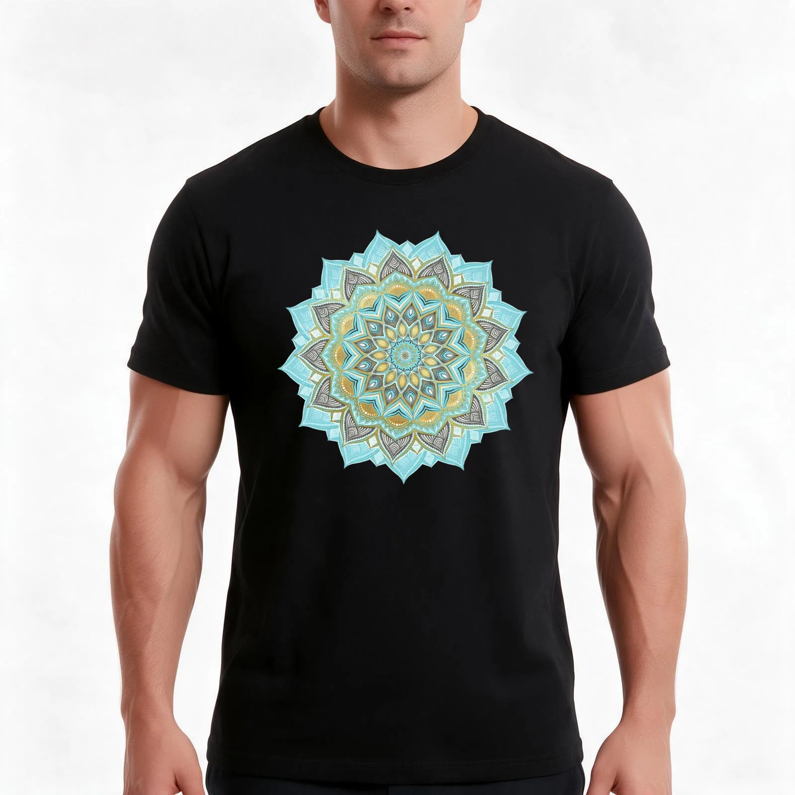 Cyan & Golden Yellow Sunny Skies Medallion T-Shirt, Summer Casual Cotton Tee, Oversized Streetwear Tops, Vintage Graphic Print