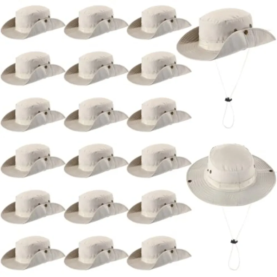 

Outdoor safari hat for hiking and camping: 20 pcs bulk wide brim bucket hat in cotton blend, khaki color, with adjustable strap