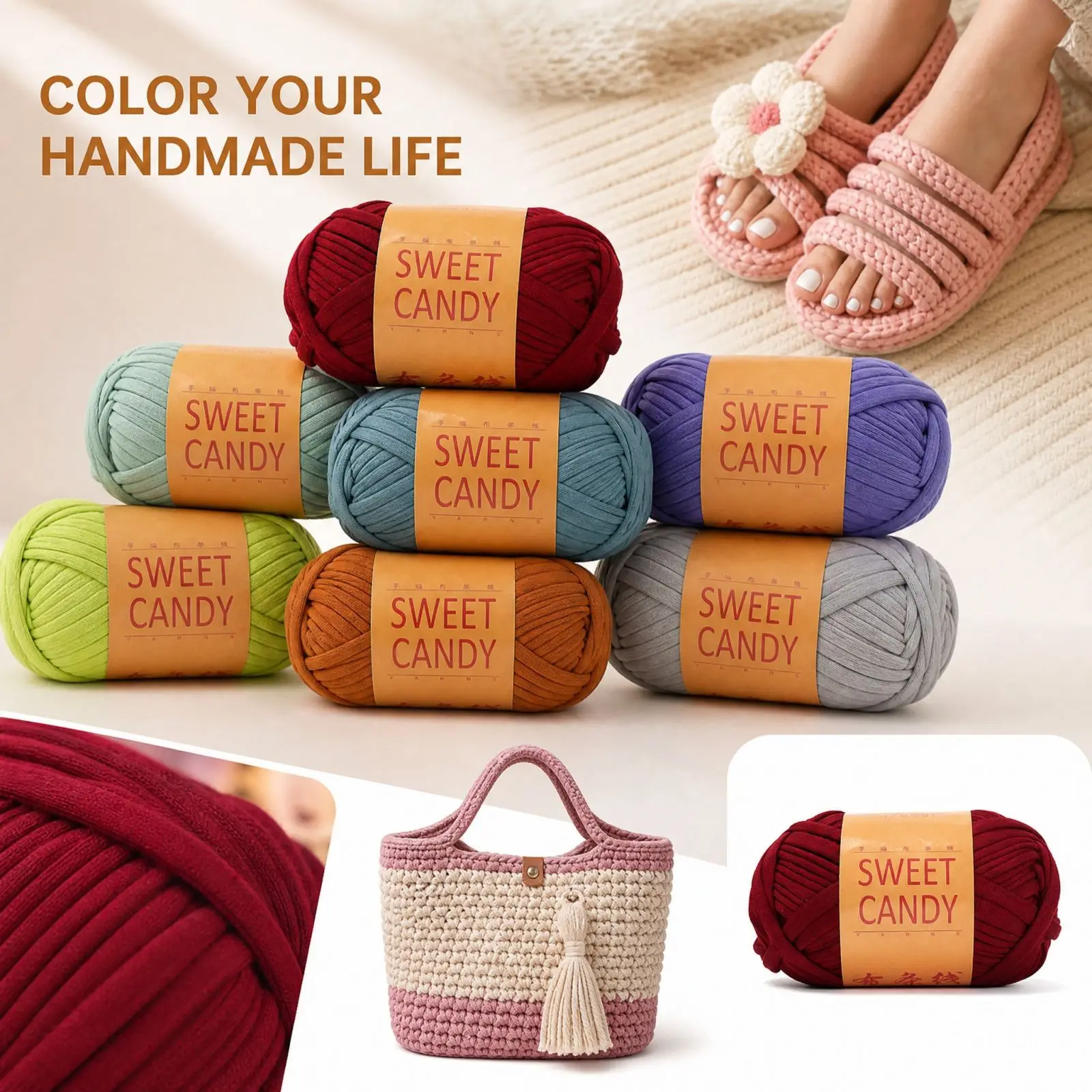 DIY Hand Crochet Chunky Fabric Yarn Sweet Candy T-Shirt Yarn Large Ball Knitting Material for Slippers Handbags