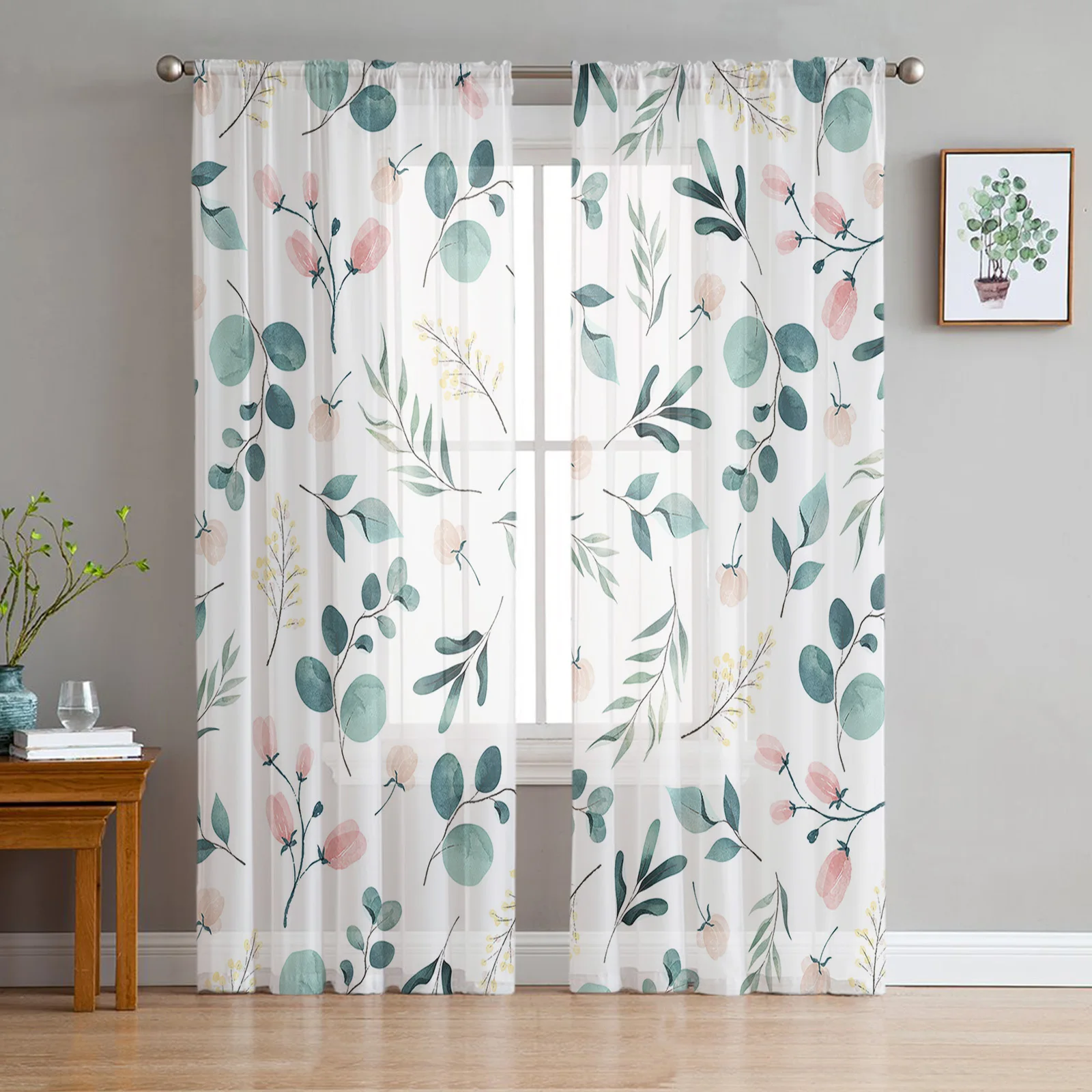 Summer Plant Green Leaf Watercolor Sheer Window Curtain Tulle Curtains for Livingroom Bedroom Hotel Home Decor Voile Drapes