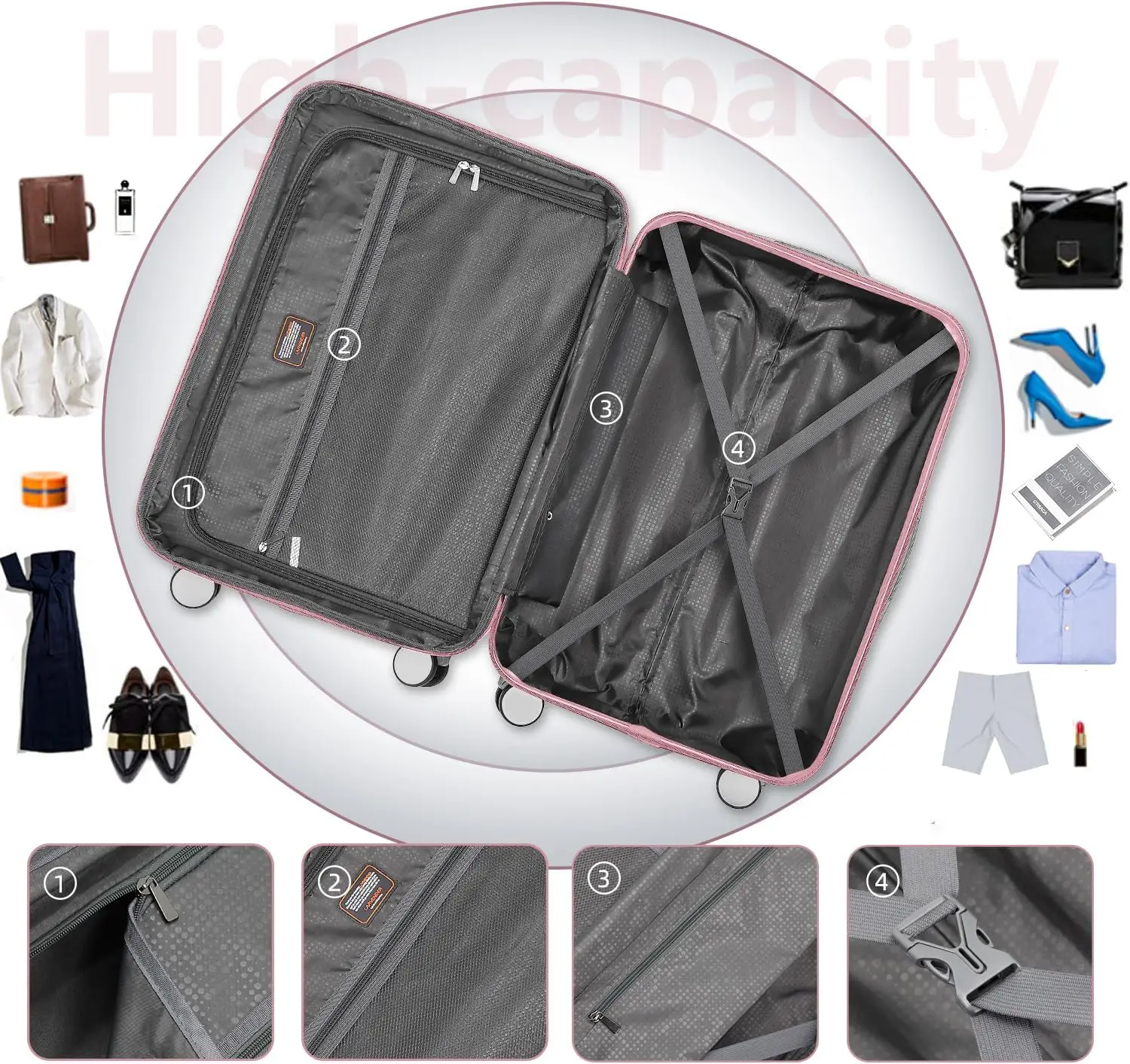 Set Koper 6 Buah dengan Tas Duffel, Koper Keras yang Dapat Diperluas dengan Roda Spinner dan Kunci TSA, Koper Kapasitas Besar Warna Pink