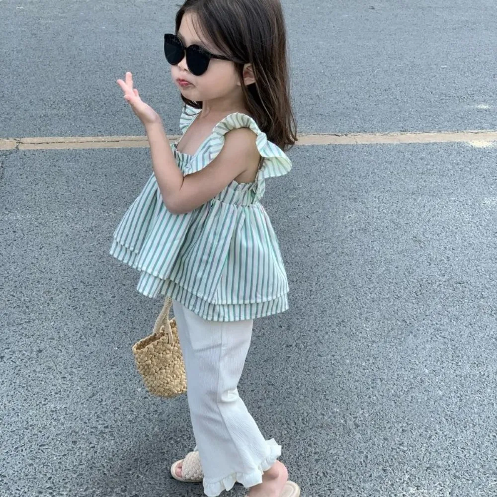 Conjunto de camisa listrada de manga curta infantil e calças lare, roupas de bebê e meninas, verão, edição coreana, elegante, novo, 2 peças