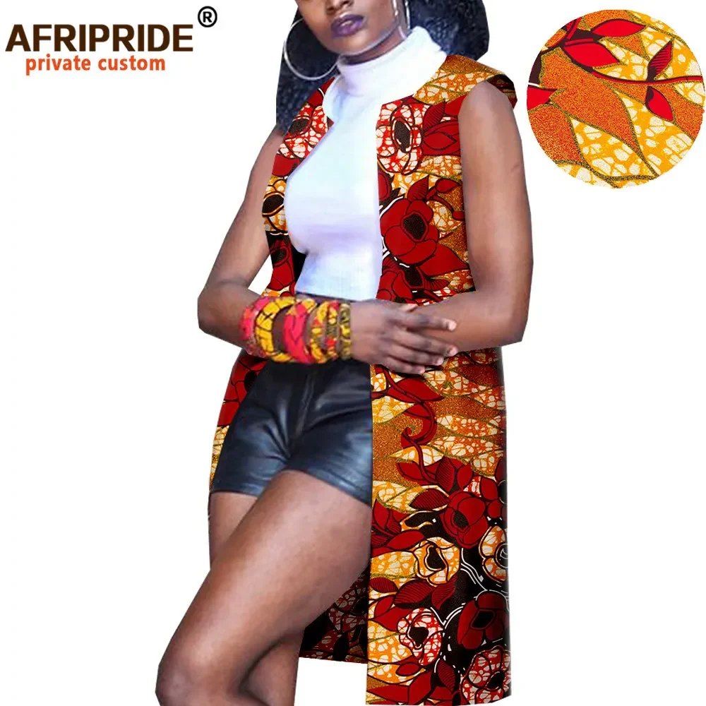 2024 African Clothes for Women Casual Coats Dashiki Ankara Jacket Sleeveless O-neck Knee Length Cotton Coat for Women A1824006