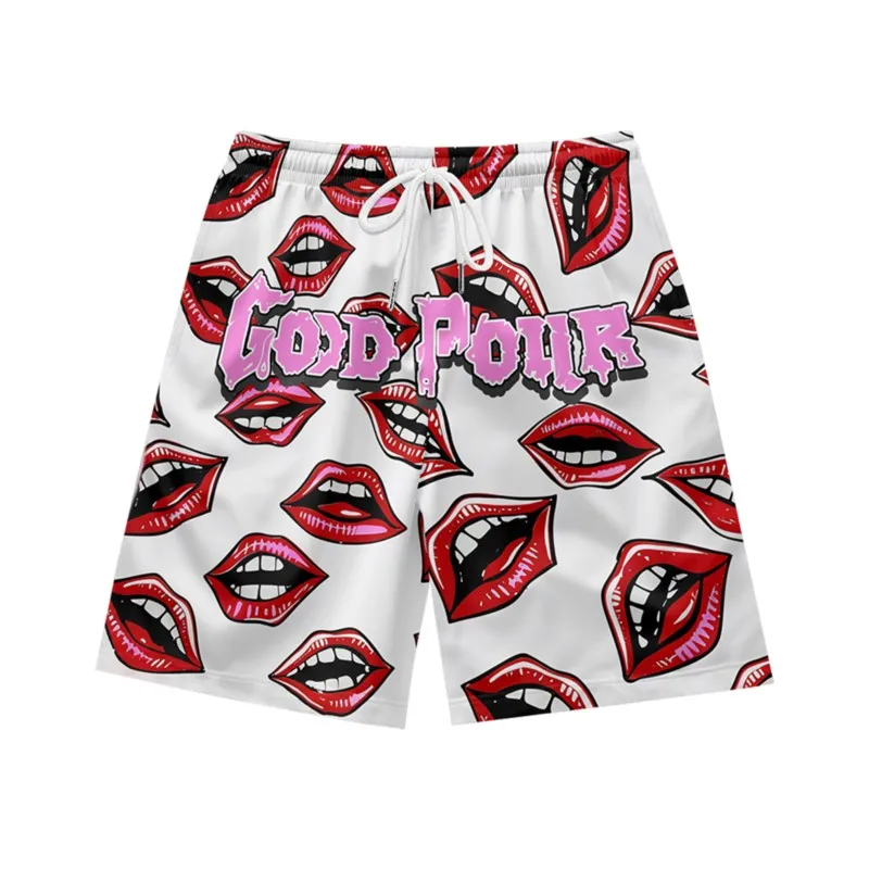 Personalized lip pattern creative, loose, quick drying, breathable, summer, young men's casual sports drawstring beach shorts