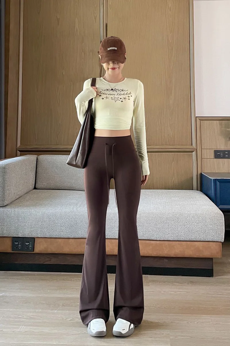 BIVIGAOS Autumn New Drawstring High Waist Micro Flared Leggings Women Slim Fit Elastic Fashionable Casual Sports Flared Pants