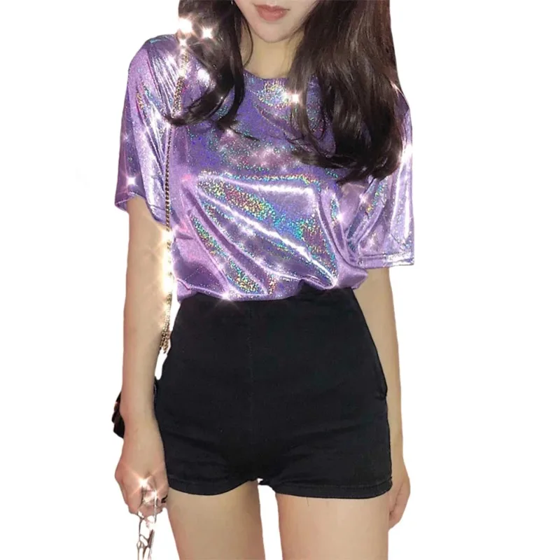 

Summer Woman Tops Shiny Loose Short Sleeve T-shirt Sexy Club Aesthetic Harajuku Women Stylish Bright Silk Tshirt