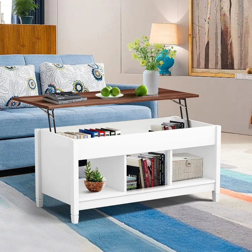 Hidden Compartment & Open Shelves Coffee Table, Modern Storage Table, Accent Lift-Top Table for Living/Reception Rooms (White)