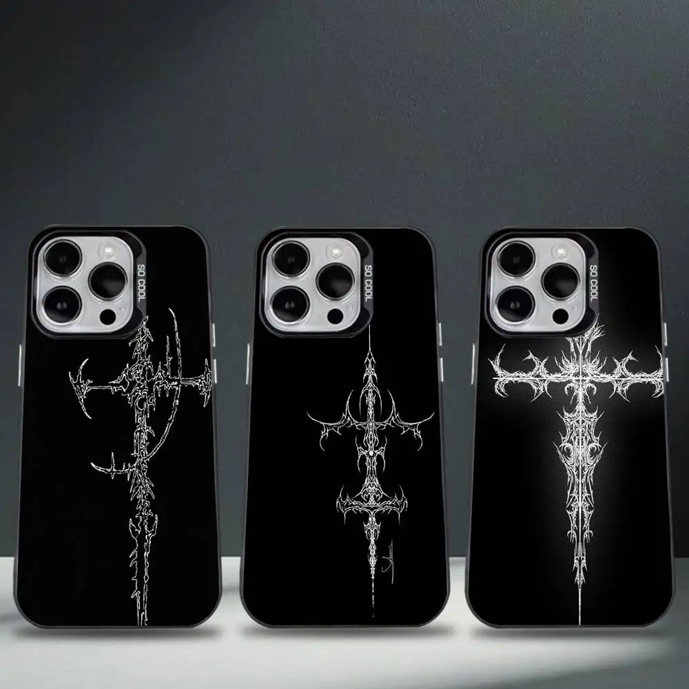

Cyber Sigil Cross line Phone Case For iPhone 16,15,14,13,12,11,8,7,Pro,Max,Plus,Mini,XS,SE Anti Fall Black Matte Hard