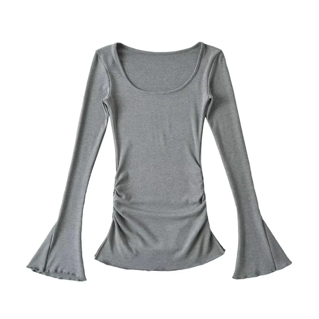 Bell-sleeve long-sleeve base shirt for women autumn and winter with a stylish design pleated waist sexy inner layer MBSM