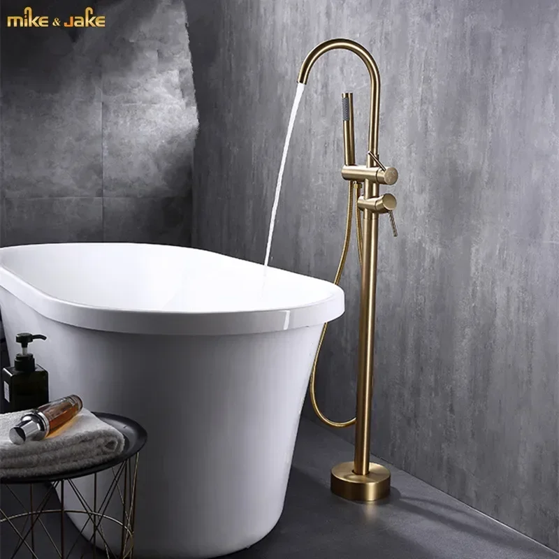 

Gold brush round Bathtub stand mixer brass hand shower double function bathtub floor faucet set deck mounted bath shower faucet