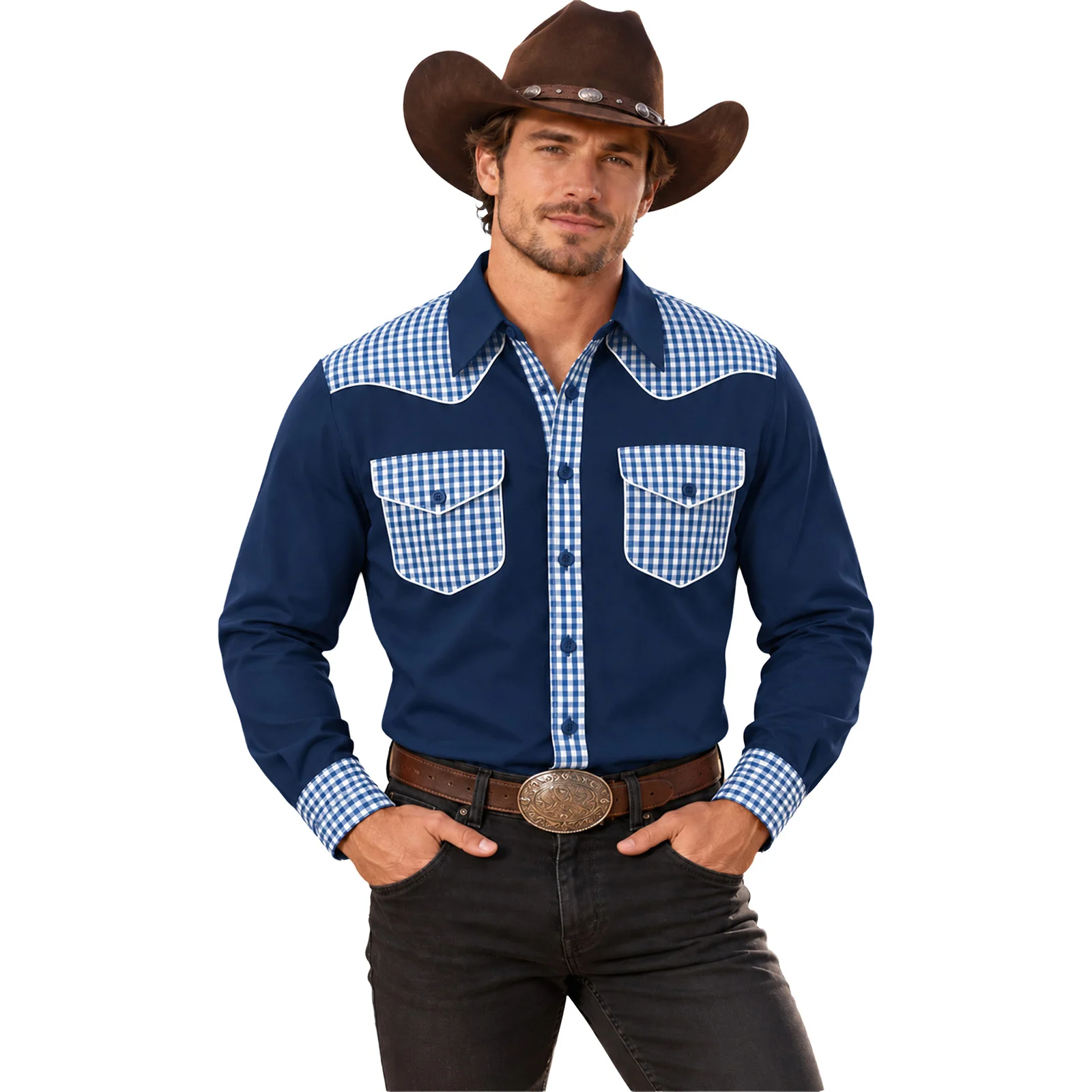 Men Plaid Patchwork Western Cowboy Shirt Turn-down Collar Long Sleeve Button Top with Flap Pockets for Party Cosplay