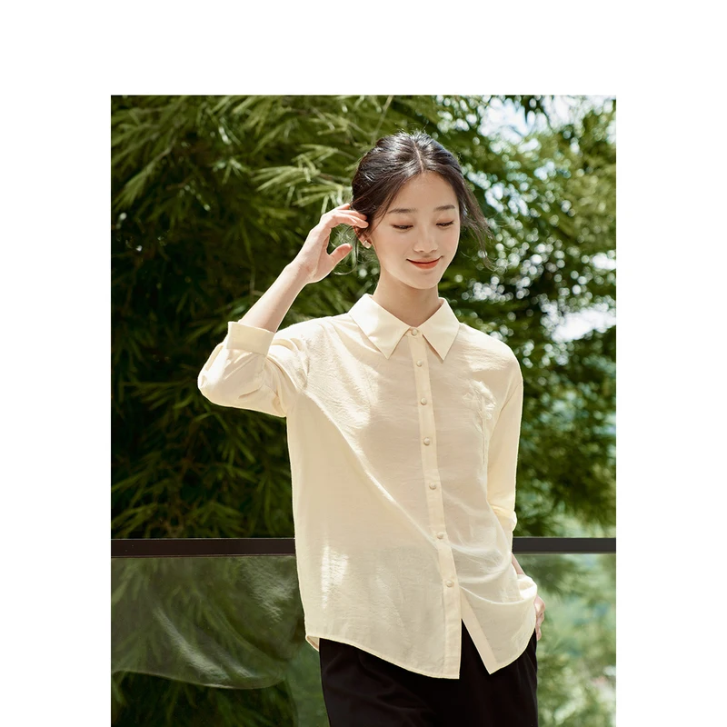 INMAN Women Organza Shirt 2023 Autumn Three Quarter Sleeves Polo Neck Loose Blouse Casual Simple Basic Apricot Green Tops