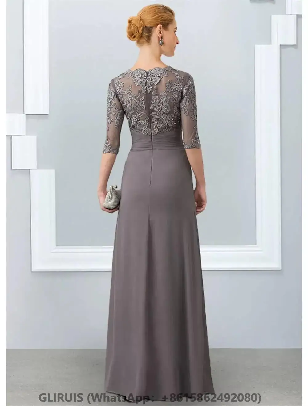 A-line Gray Mother of the Bride Dress  Jewel Neck Floor Length Chiffon Half Sleeves Appliques Lace Wedding Party Customized