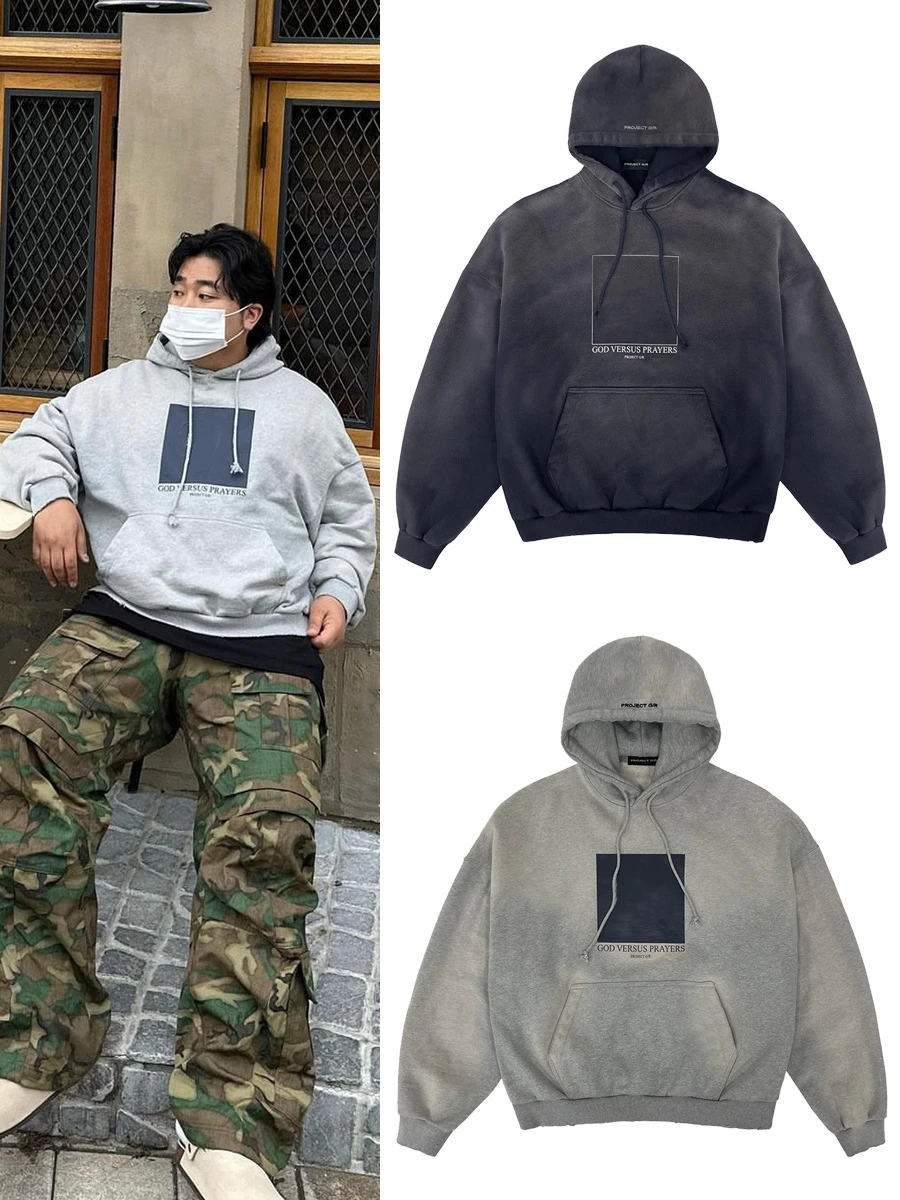 

Black Gray PROJECT G/R Hoodie Loose Casual Sweatshirts Men Women High Quality Frame Letter Print Washed Do Old Pullovers