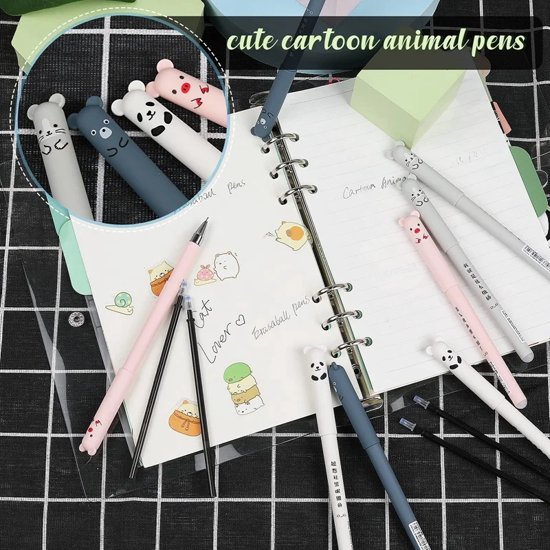 8 قطعة رولربال أقلام قابلة للمسح ، أقلام الكرتون الحيوان قابل للمسح أقلام الحبر الأسود مع 16 قطعة عبوات قابلة للمسح أقلام الاحتكاك
