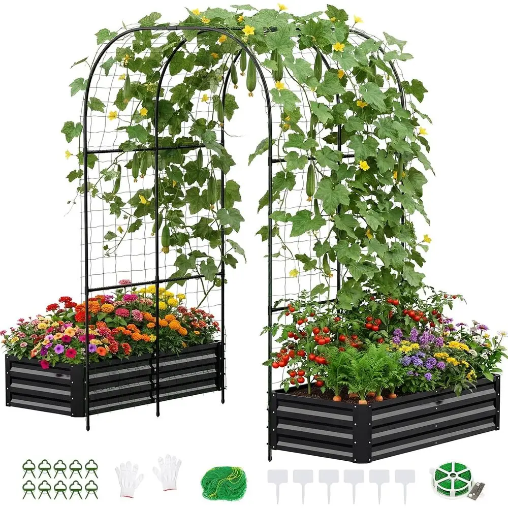 4x2x1t Raised Garden Bed with 87H Arch Trellis or ClimPlants | 2 Pcs Garden Planter Box Outdoor Metal Gardening Beds with ClimNe