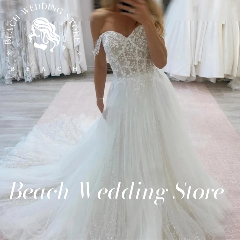 

Beach Customized Sweetheart Floor Length Wedding A-Line Tulle Gowns Elegant Lace Vestidos De Novia Robe De Mariée With Train