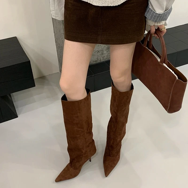 

Women's Shoes Autumn Winter Fashion Long Boots Luxury Thin Heels Concise Pointed Toe Pleated Knee-High Boots Women Boots Zapatos