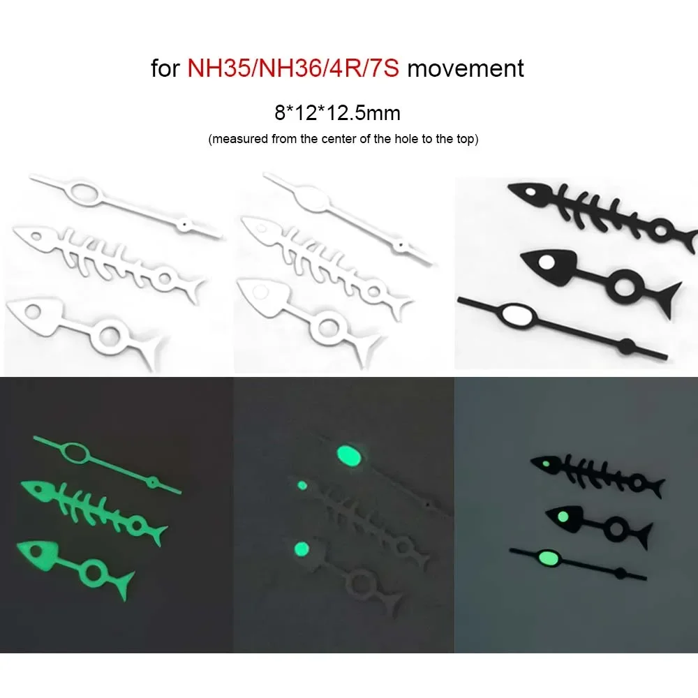 Watch Hands Pointer for NH35/NH36/4R/7S Movement Modified Parts 3Pins Fish Bone Needles Green Luminous Hands Watch Accessories