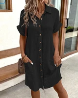 Vintage Women Solid Mini Dress Summer Fashion V-neck Three Quater Sleeve Cotton Linen Dress Ladies Casual Holiday Vestidos - Image 4