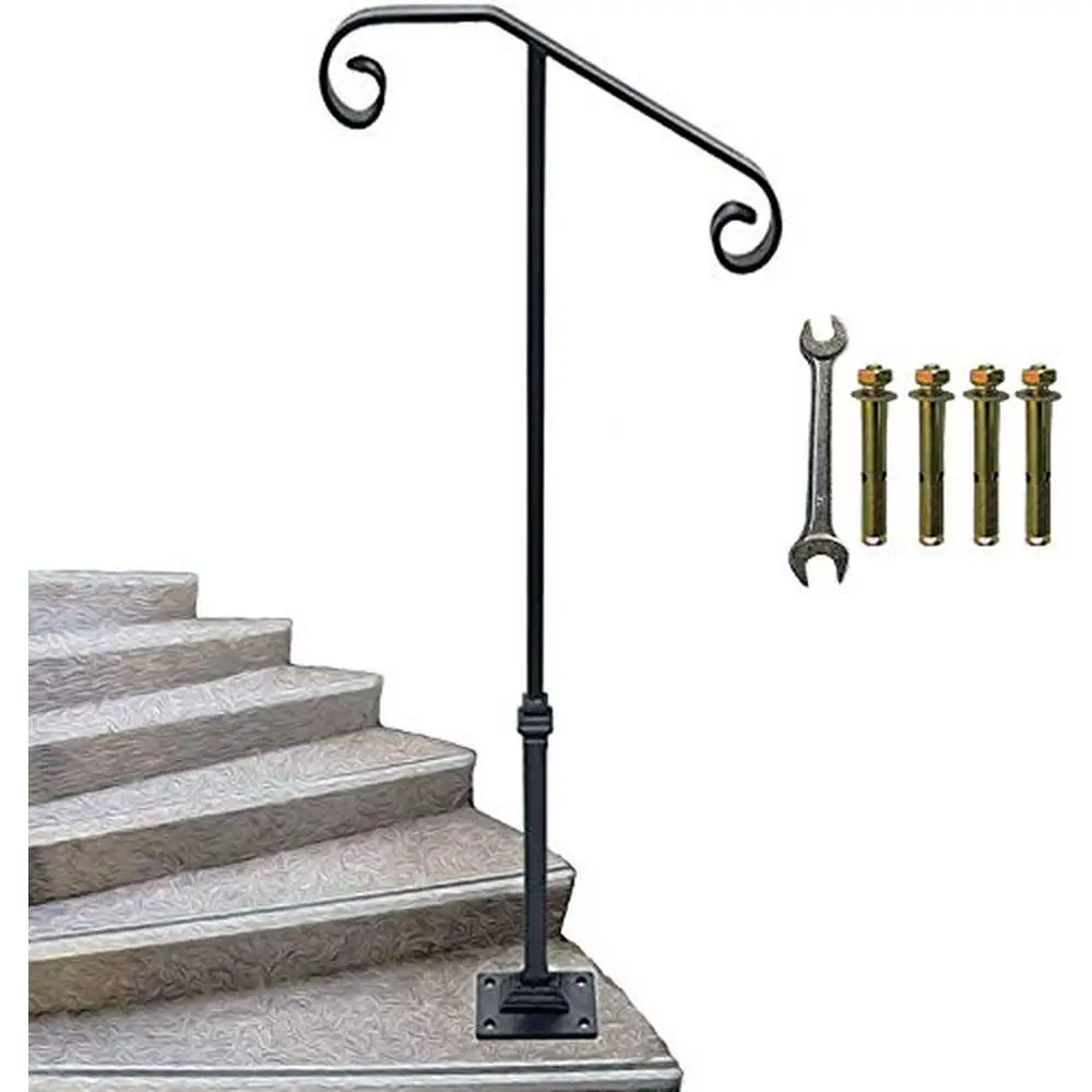 Wrought Iron Handrail Railing Kit 1-2 ขั้นตอนพร้อมฐานแผ่นสีดํา 38.8 "x 20.5" ติดตั้งง่ายความปลอดภัยและเสถียรภาพการใช้งานกว้าง