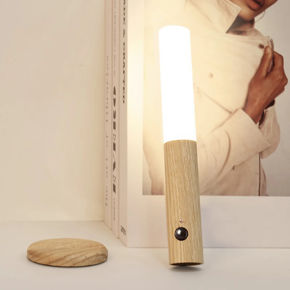 Veilleuse LED USB sans fil avec détecteur de mouvement, anciers en bois, lampe murale chaude, magnétique, couloir, armoire, lumière de garde-robe, décoration intérieure