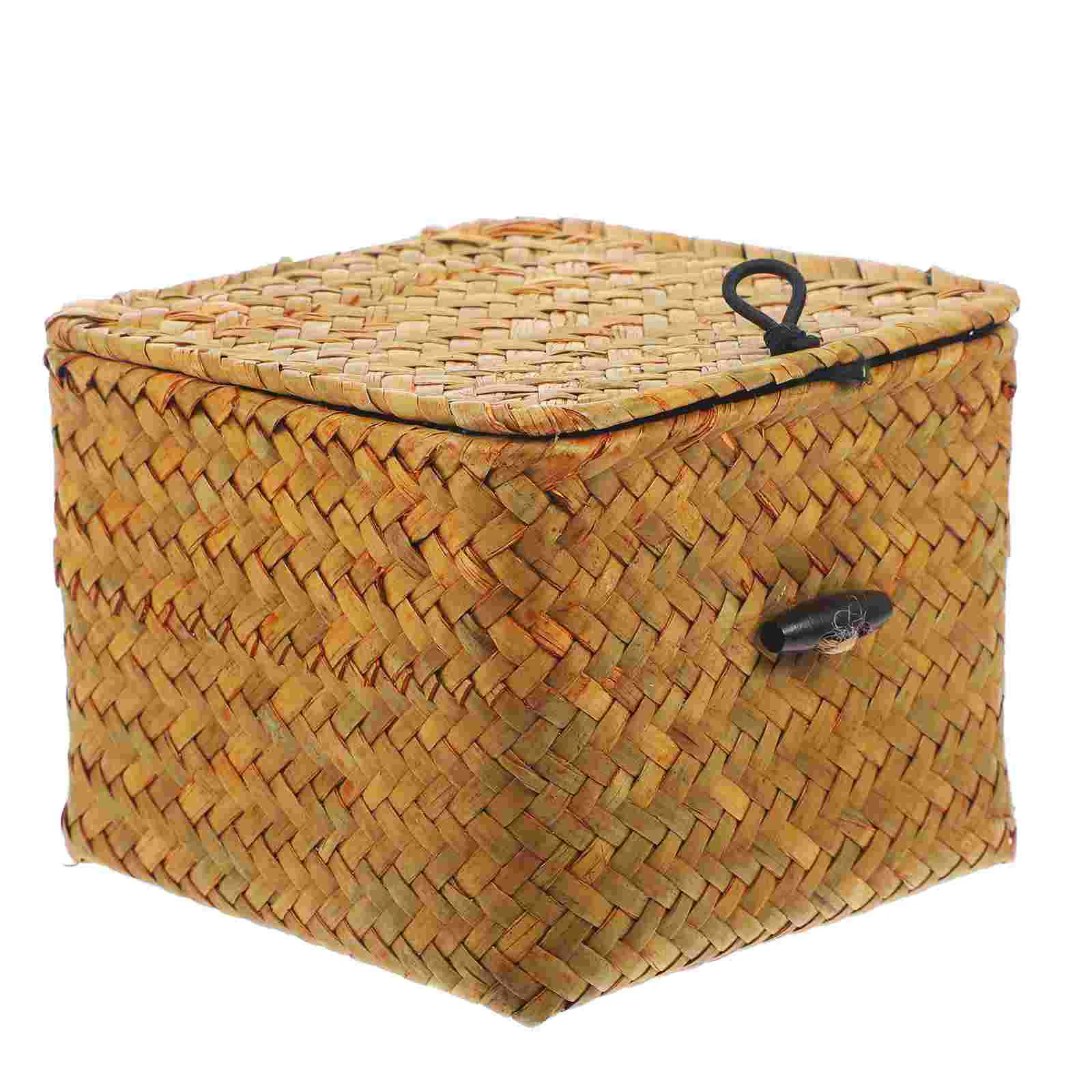 Wicker Basket with Lid Willow Cube Woven Storage Laundry Seagrass Baskets Holder Seaweed Bride