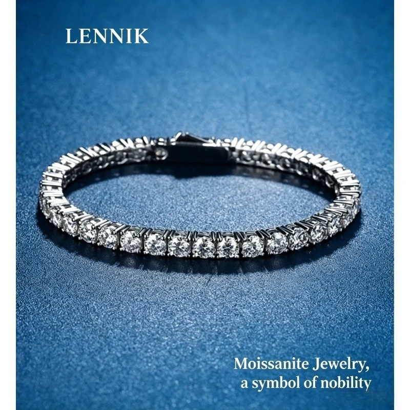 LENNIK Hidden Spring Buckle Full Moissanite Tennis Bracelet D Color 2/2.5/3/4/5mm Lab Diamond Link Bracelets For Women Man Gift