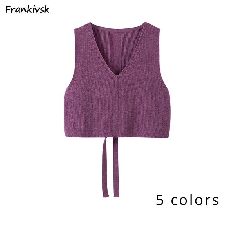 

Solid Sweater Vest Women V-neck All-match Lace-up Hollow Out Korean Style Hotsweet Sleeveless Spring Autumn Knitwear Fashion