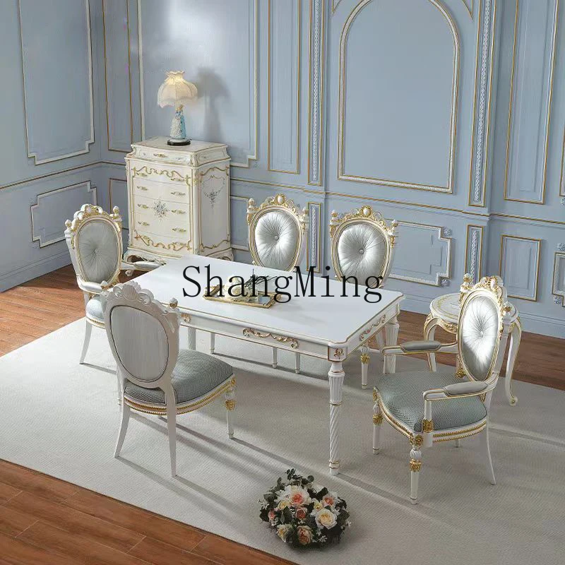 

CL carving flower dining table and chairs simple white family dining chair rectangular dining table