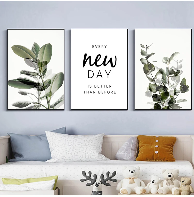Affiche murale en toile avec feuilles de plantes vertes, eucalyptus, citation optimiste, décoration pour salon