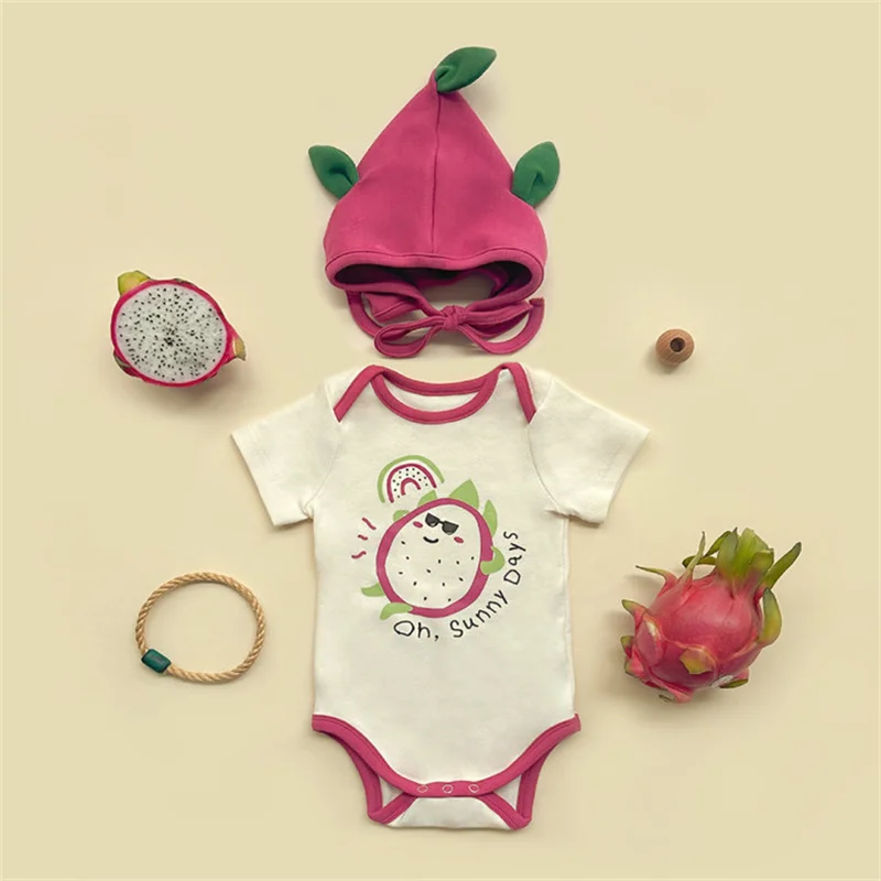 Funny Pitaya Print Baby Clothes Rompers For Boys Girls Cotton Short Sleeves Bodysuit Cartoon Child Jumpsuits  Clothing With Hat image 6