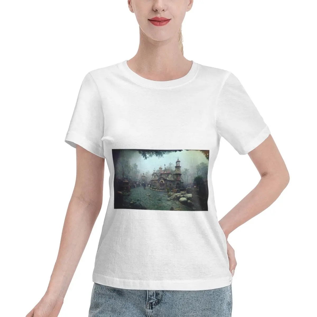 Affordable Painting Of A Fantasy Village Covered In Mystical Fog Women's T-shirt Trendy Female Everyday Wear
