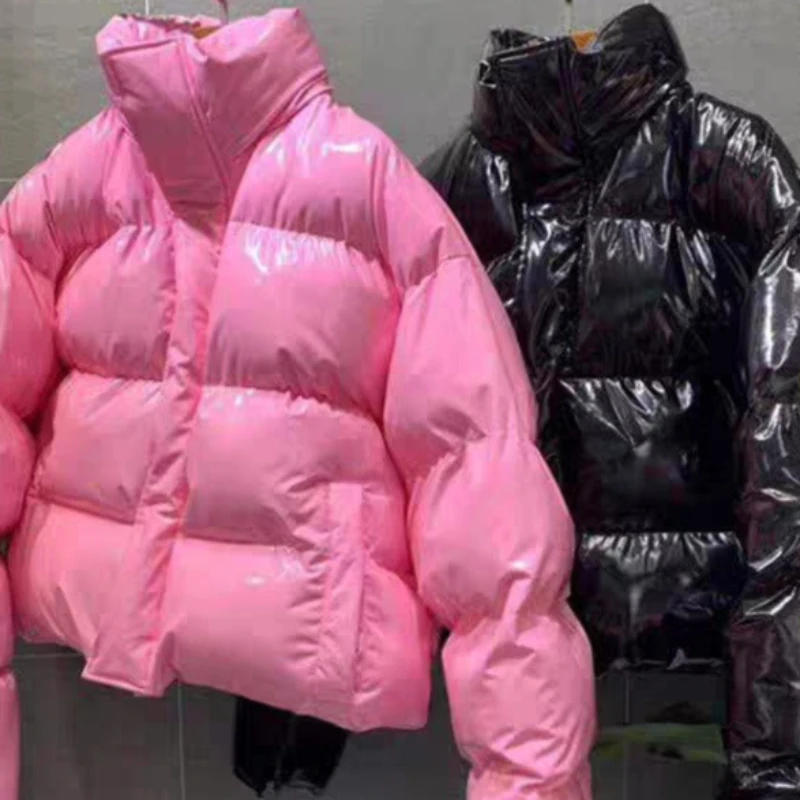 

Korean Women's Fashionable Solid Color Shiny Coated Puffer Long Sleeve Jacket for Autumn and Winter New Arrivals