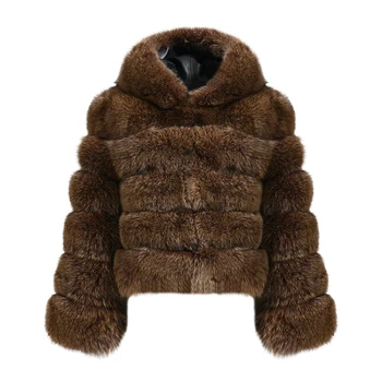 Jaxmonoy abrigo de piel auténtica con capucha moda de invierno chaqueta de piel Natural cálida señoras de lujo Color sólido prendas de vestir de manga larga Mujer