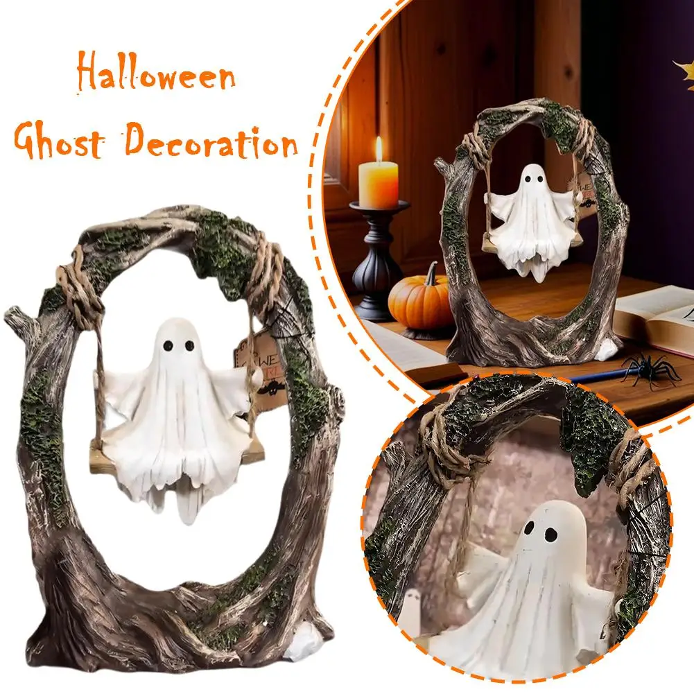 Ghost On A Tree Swing ฮาโลวีนน่ารัก Ghost Tree Swing ตกแต่งเรซิ่น Spooky รูปปั้นตกแต่งบ้านสําหรับโต๊ะ Windowsills