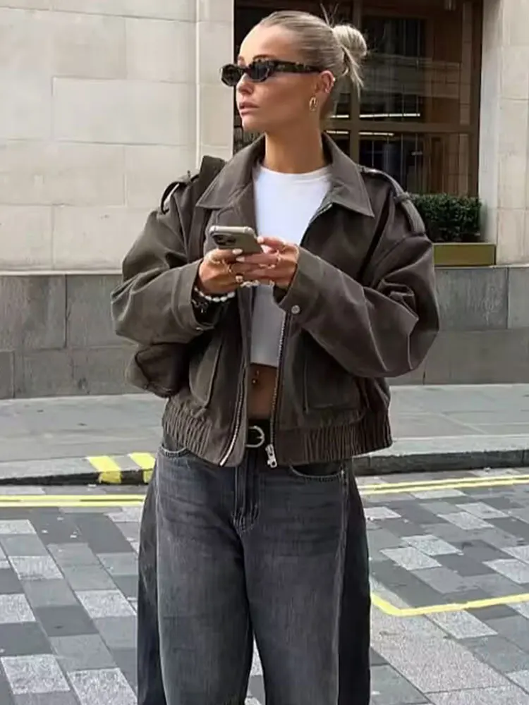 

HH Women Fashion Solid Faux Suede Crop Coat Long Sleeve Lapel Zipper Jackets With Pockets Autumn Casual Office Lady Outerwear