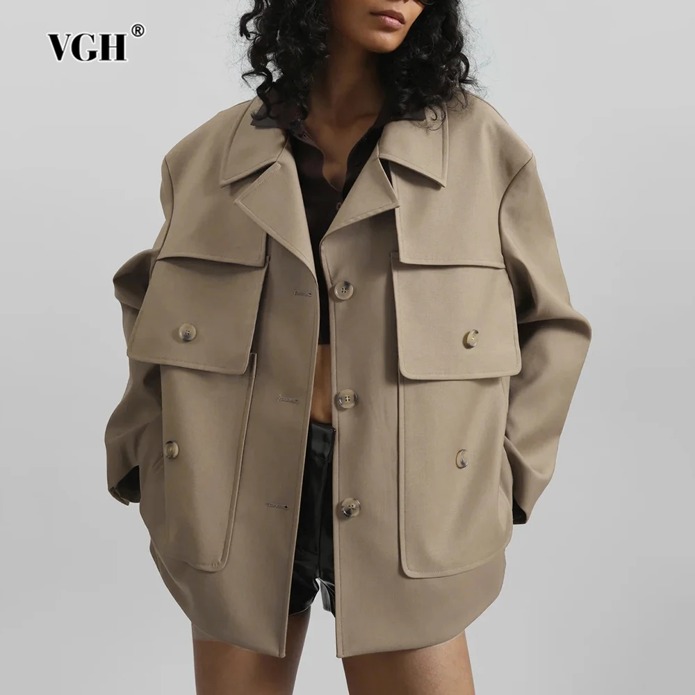 

VGH Designer Slimming Spliced Pocket Solid Jackets For Women Lapel Long Sleeve Autumn Temperament Coat Female Fashion Style New